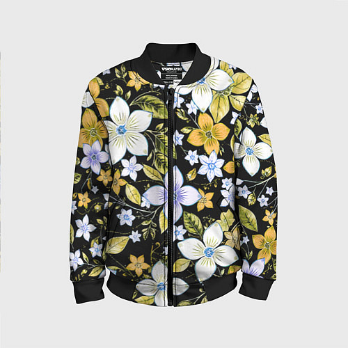 Детский бомбер Жёлто-белые цветы на чёрном фоне / 3D-Черный – фото 1