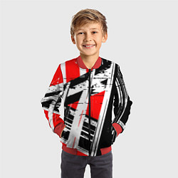 Бомбер детский Чёрно-белые абстрактные линии на красном фоне, цвет: 3D-красный — фото 2