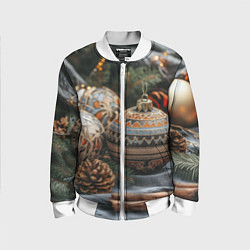 Бомбер детский Новогодние шары и шишки, цвет: 3D-белый