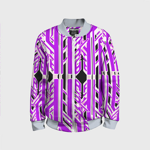 Детский бомбер Бело-фиолетовые техно полосы на чёрном фоне / 3D-Серый – фото 1
