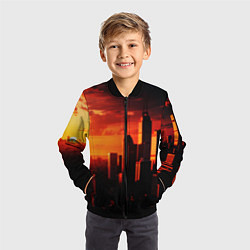 Бомбер детский Стилизованный город оранжевый закат, цвет: 3D-черный — фото 2
