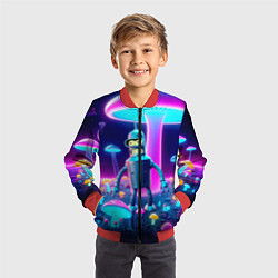 Бомбер детский Робот-сгибальщик Бендер на поляне неоновых грибов, цвет: 3D-красный — фото 2