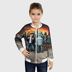 Бомбер детский Фрай и Бендер на фоне стены с граффити, цвет: 3D-белый — фото 2