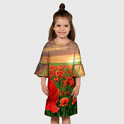 Платье клеш для девочки Красный мак на закате, цвет: 3D-принт — фото 2