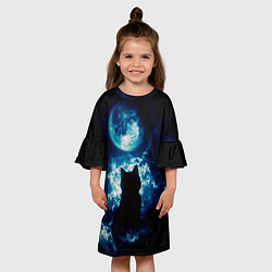Платье клеш для девочки Кот силуэт луна ночь звезды, цвет: 3D-принт — фото 2