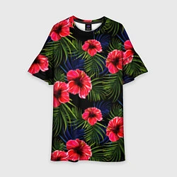 Платье клеш для девочки Тропические цветы и листья, цвет: 3D-принт