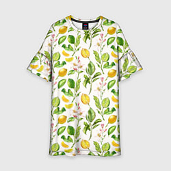 Платье клеш для девочки Летний узор лимон ветки листья, цвет: 3D-принт