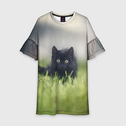Платье клеш для девочки Черный кот на лугу, цвет: 3D-принт