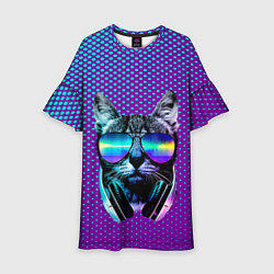 Платье клеш для девочки Кот очки наушники модный, цвет: 3D-принт