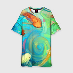 Платье клеш для девочки Золотые рыбы в море абстракции, цвет: 3D-принт
