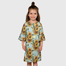 Платье клеш для девочки Подсолнухи и пчёлы на голубом, цвет: 3D-принт — фото 2