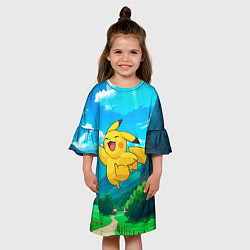 Платье клеш для девочки Радостный Пикачу в прыжке, цвет: 3D-принт — фото 2