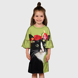 Платье клеш для девочки Кот и цветы, цвет: 3D-принт — фото 2