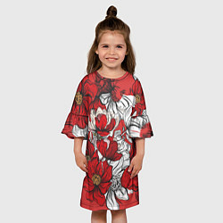 Платье клеш для девочки Цветы на алом фоне, цвет: 3D-принт — фото 2