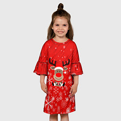 Платье клеш для девочки Снежинки летящие и Олень с подарком, цвет: 3D-принт — фото 2