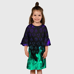 Платье клеш для девочки НЕОНОВЫЙ ОГОНЬ ГЕНШИН ИМПАКТ СИМВОЛЫ, цвет: 3D-принт — фото 2
