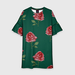 Платье клеш для девочки Ярко красные розы на темно-зеленом фоне, цвет: 3D-принт