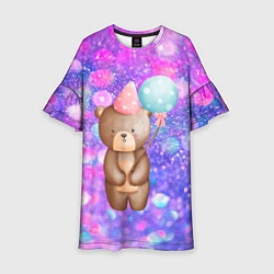 Платье клеш для девочки День Рождения - Медвежонок с шариками, цвет: 3D-принт