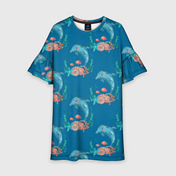 Платье клеш для девочки Дельфины Море паттерн, цвет: 3D-принт