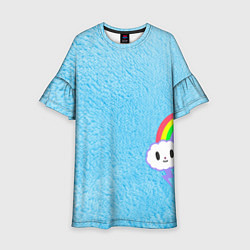Платье клеш для девочки Облачко на голубом мехе с радугой парная, цвет: 3D-принт