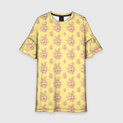 Платье клеш для девочки Розовые пионы на желтом фоне, цвет: 3D-принт