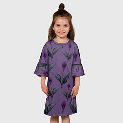 Платье клеш для девочки Фиолетовые каллы с зелеными листьями, цвет: 3D-принт — фото 2