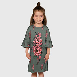 Платье клеш для девочки Нежные пионы на сером фоне, цвет: 3D-принт — фото 2