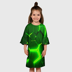 Платье клеш для девочки 3D ПЛИТЫ НЕОН NEON GREEN HEXAGON РАЗЛОМ, цвет: 3D-принт — фото 2