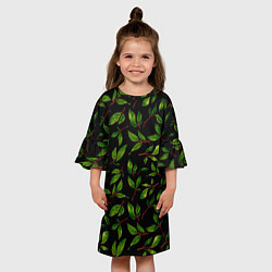 Платье клеш для девочки Яркие зеленые листья на черном фоне, цвет: 3D-принт — фото 2