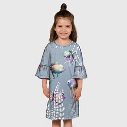Платье клеш для девочки Разноцветные акварельные рыбки и белые водоросли, цвет: 3D-принт — фото 2
