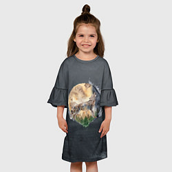 Платье клеш для девочки Волк на фоне луны, цвет: 3D-принт — фото 2