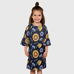 Платье клеш для девочки Подсолнухи и васильки на темном фоне, цвет: 3D-принт — фото 2