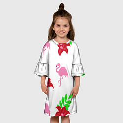 Платье клеш для девочки Розовый фламинго с цветами, цвет: 3D-принт — фото 2