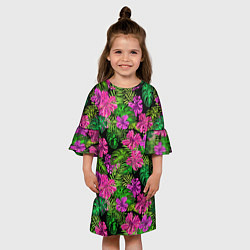 Платье клеш для девочки Тропические листья и цветы на черном фоне, цвет: 3D-принт — фото 2