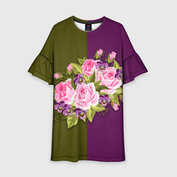 Платье клеш для девочки Нежные Розы на темном фоне, цвет: 3D-принт