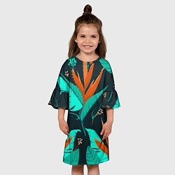 Платье клеш для девочки Оранжевый цветок с голубыми листами, цвет: 3D-принт — фото 2