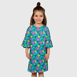 Платье клеш для девочки Яркий цветочный узор на бирюзовом фоне, цвет: 3D-принт — фото 2