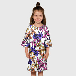 Платье клеш для девочки Цветы Разноцветные На Белом Фоне, цвет: 3D-принт — фото 2