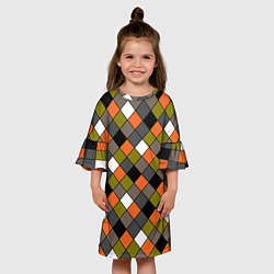 Платье клеш для девочки Геометрический узор в коричнево-оливковых тонах, цвет: 3D-принт — фото 2