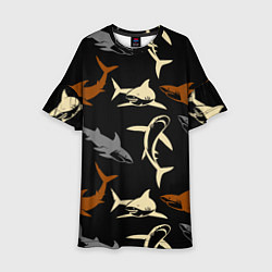 Платье клеш для девочки Стая акул - паттерн - ночной океан, цвет: 3D-принт