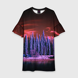 Платье клеш для девочки Абстрактный фиолетовый лес и тёмная река, цвет: 3D-принт