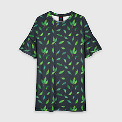 Платье клеш для девочки Зеленые листья и веточки на темном фоне, цвет: 3D-принт