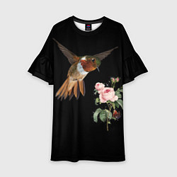Платье клеш для девочки Птицы колибри розы на черном фоне, цвет: 3D-принт
