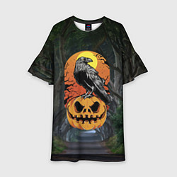 Платье клеш для девочки Ворон, сидящий на тыкве - Halloween, цвет: 3D-принт