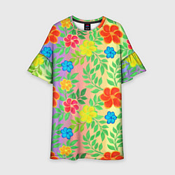 Платье клеш для девочки Яркий цветочный узор на радужном фоне, цвет: 3D-принт