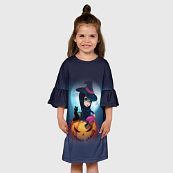Платье клеш для девочки Маленькая прикольная ведьмочка с милым котёнком, цвет: 3D-принт — фото 2