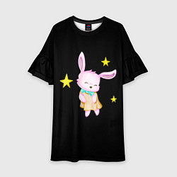 Платье клеш для девочки Крольчонок танцует со звёздами на чёрном фоне, цвет: 3D-принт