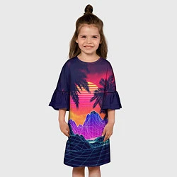 Платье клеш для девочки Тропический остров с пальмами ретро иллюстрация, цвет: 3D-принт — фото 2
