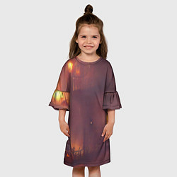 Платье клеш для девочки Викторианский дом и старые фонари с тыквами в пурп, цвет: 3D-принт — фото 2