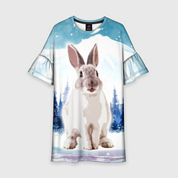 Платье клеш для девочки Кролик в зимнем лесу, цвет: 3D-принт